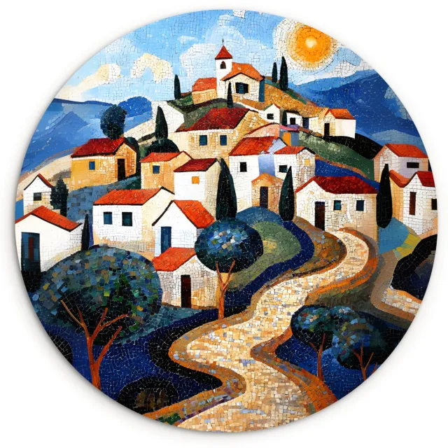 WallCircle Wandcirkel 120x120 cm - Muurcirkel Dorp - Heuvelachtig - Zon - Mozaïek - Muurdecoratie woonkamer - Wanddecoratie slaapkamer - Kamer decoratie accessoires - Ronde schilderijen Dorp - Heuvel - Zon