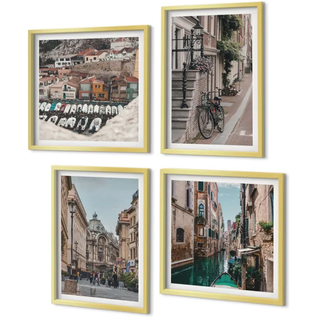 Coloray 4-Delige Schilderij Set - Sfeervolle stadsstraten met uitzicht op havens en gebouwen. - 40 x 40 cm en 40 x 60 cm - Stijlvolle Muurdecoratie - Slaapkamer - Moderne Wanddecoratie Gouden lijst