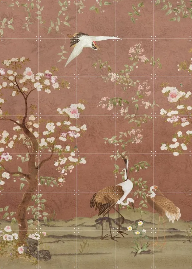 IXXI Chinoiserie Birds And Blossom Trees Terracotta, Bloomery Decor - 100 x 140 cm - Grote wanddecoratie en posters - Ukiyo-e, Slaapkamer, Eetkamer Lichte tinten