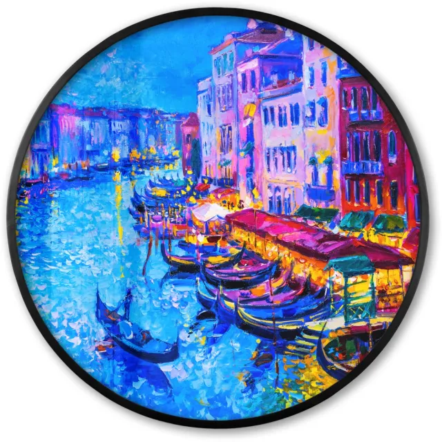 FrameYourWall Poster in lijst Rond - Fotolijst 80x80 cm - Posters - Schilderij - Italië - Boot - Water - Architectuur - Ronde posterlijst zwart - Decoratie - Wanddecoratie woonkamer - Muurdecoratie slaapkamer Multicolor