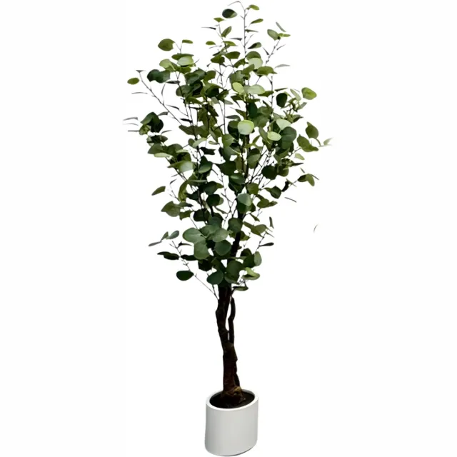Happiq Kunstmatige Eucalyptusboom met LED - Voor Thuiskantoor & Kamerdecoratie - Nep Potplant met Witte Plantenbak - Housewarming Gift - Groen-150cm