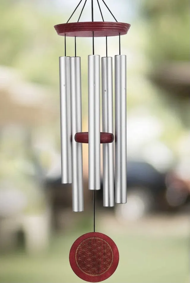 Nature's Melody garden decor chime "Flower of life" -Windorgel -Feng Shui windgong met gestemde 5 buizen voor rijk en rustgevend geluid. zilver & karmozijnrood