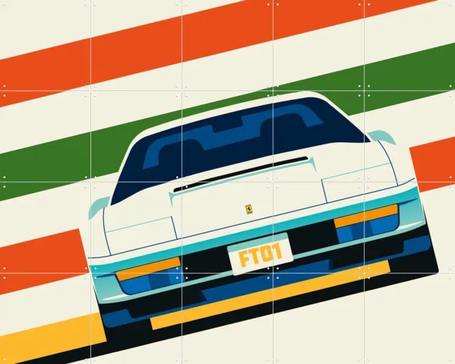 IXXI Angeled White Sports Car Front with Stripes, Bo Lundberg - 100 x 80 cm - Grote wanddecoratie en posters - Vintage, Geometrische Kunst, Pop art
