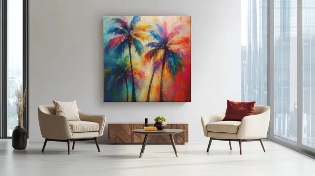 Trendex Global Vierkant Canvas Schilderij - Kleurrijke palmbomen - Kunst - 40x40x2 cm
