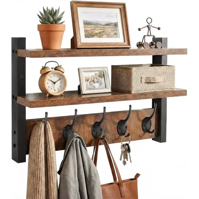 VELZINO® Wandkapstok met Hoedenplank - Muur Kapstok Hangend - Metaal - Zwart Rustbruin en zwart