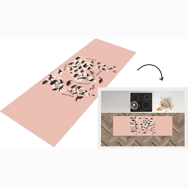 KitchenYeah Keukenloper - Loper keuken - Wereldkaart - Dieren - Roze - Keukenloper vinyl Multicolor
