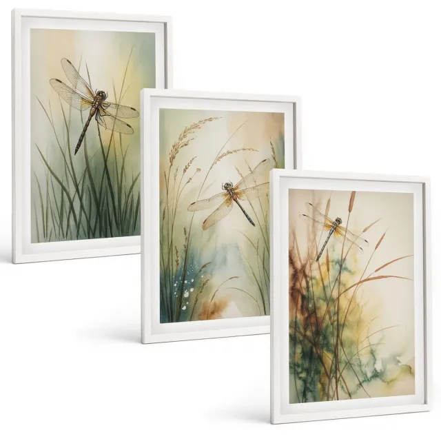 TULUP 3-Delige Schilderij Set - Geschilderd gras met libellen boven het water. - 40x60 - Wanddecoratie - Schilderijen Set - Interieur - Woonkamer Decoratie Witte lijst