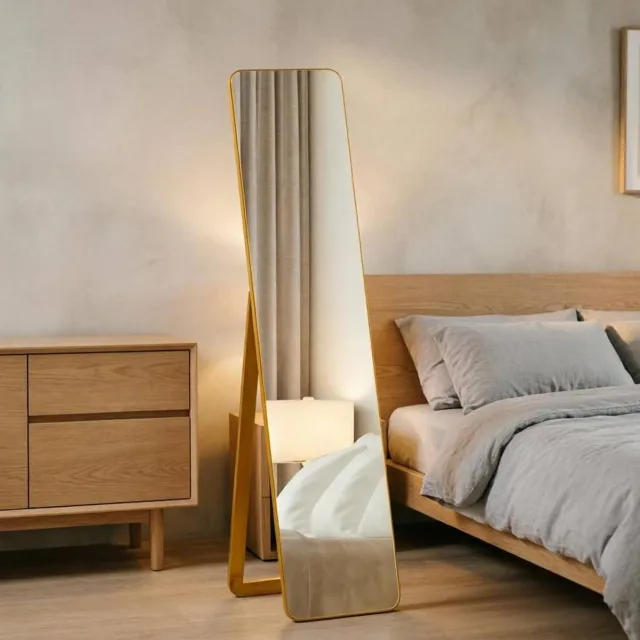 OKWISH Staande Spiegel – Volledige Lengte 37 x 156 cm – Hout, MDF En Glas – Licht Walnoot – Vrijstaand Of Voor Wandmontage Licht walnootkleurig