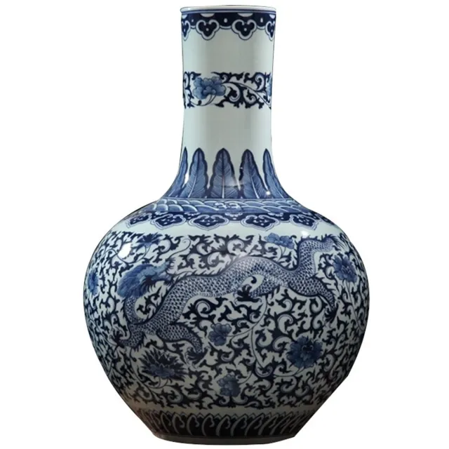 Fine Asianliving Grote Chinese Vaas Blauw Wit Dragon Handbeschilderd D21xH53cm Blauw, Wit