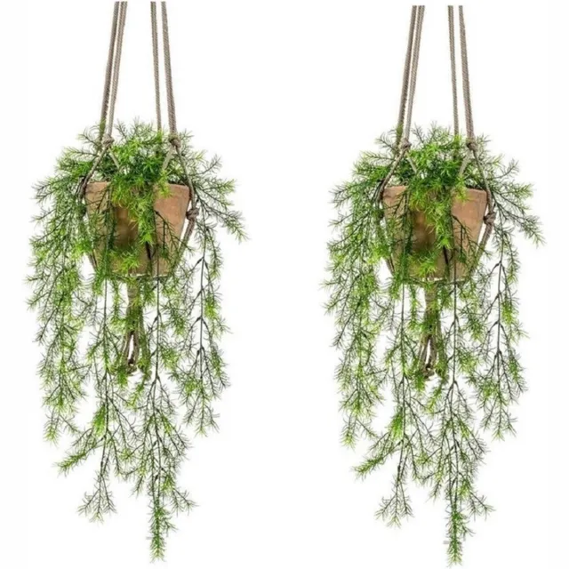 Bellatio Flowers & Plants 2x Kunstplant hangplant varens in oude terracotta potten van 16 cm - Kunstplanten/nepplanten Groen