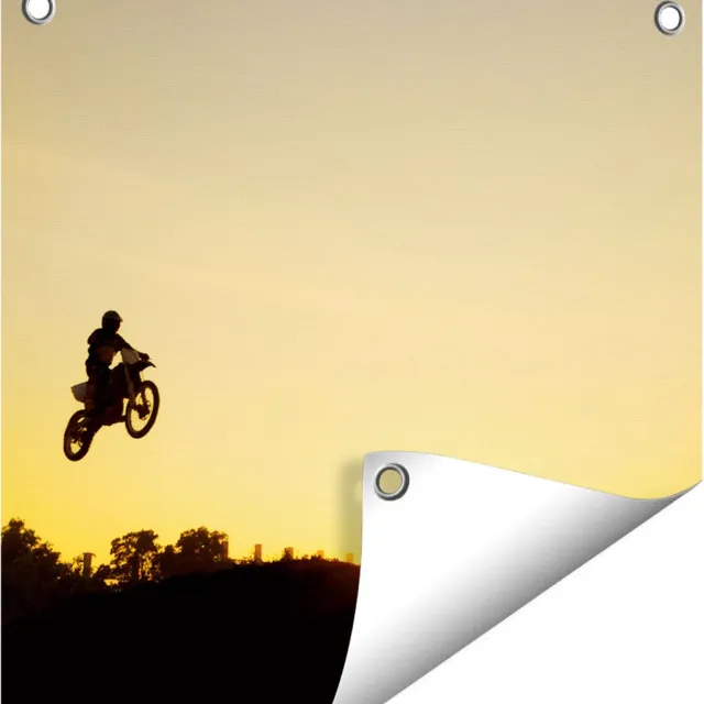 Gards Tuinposter Silhouet van een Motorcross bij Zonsondergang - 40x40 cm - Tuindoek - Tuindecoratie - Wanddecoratie buiten - Tuinschilderij Multikleur