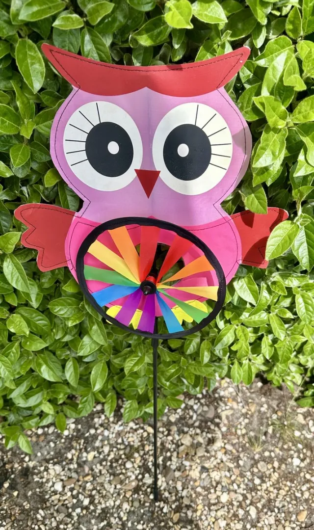Impuls Windmolen met "Gekleurde Uil" - meerkleurig + roze - nylon + kunststof steker- dia 16 cm x hoogte 76 cm - Tuinaccessoires - Tuinstekers Meerkleurig - roze uil