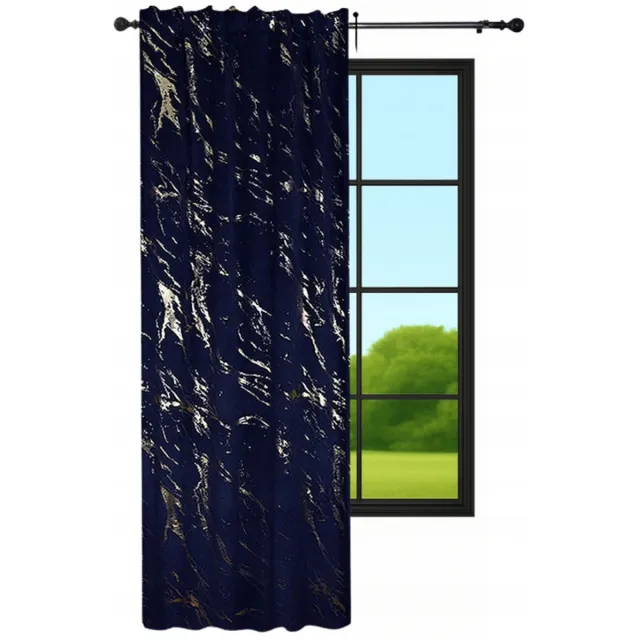 NOW-ART Marmer Serie - Veloursgordijn - 140 x 250 cm - Marineblauw met goudpatroon - Waveplooi Marineblauw;Goud