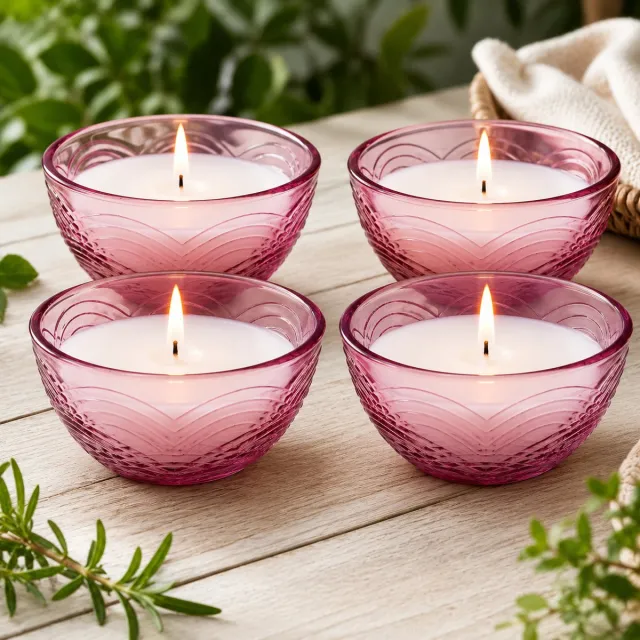Benza Citronellakaarsen Set van 4 – Roze Glazen Kom 9 x 9 x 5 cm – 110 g Wax per Kaars – 3% Citronella – Brandduur 22-24 uur – Houdt Muggen op Afstand