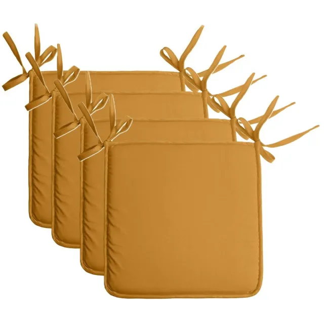 Stof Textile Home stoelkussens - 4x - okergeel - 38 x 38 x 3 cm - voor binnen - touwtjes sluiting - zitkussens plat - vierkant