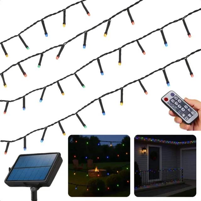 Cheqo Solar Lichtsnoer - Kerstverlichting Buiten - Kerstboomverlichting - Cluster Verlichting - 10.5 Meter - 240 Led - Met Afstandsbediening - Multicolour - Tuinverlichting Op Zonne-Energie - Sfeerverlichting Buiten - Lichtslinger - Met Timer