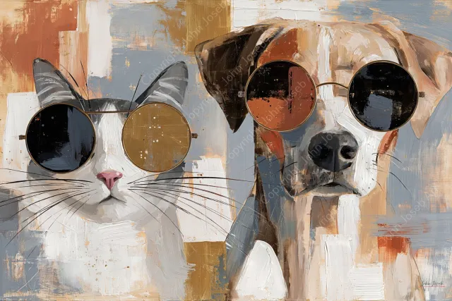 John Joseb Art (Aluminium) 120x80 | Grappige hond en poes met bril, humor, Japandi, bruin, kunst, dier, kat, blauw, grijs, modern | foto-schilderij op dibond, metaal wanddecoratie Aluminium, dikte 3 mm