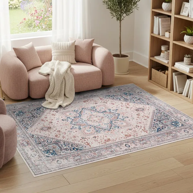 Tapiso Nora Vloerkleed Vintage Woonkamer Kleed Beige-Blauw Oriëntaals Design Laagpolig Antislip Vlekbestendig Tapijt Voor Slaapkamer Eetkamer Hal Easy Care OEKO TEX Beige Blauw