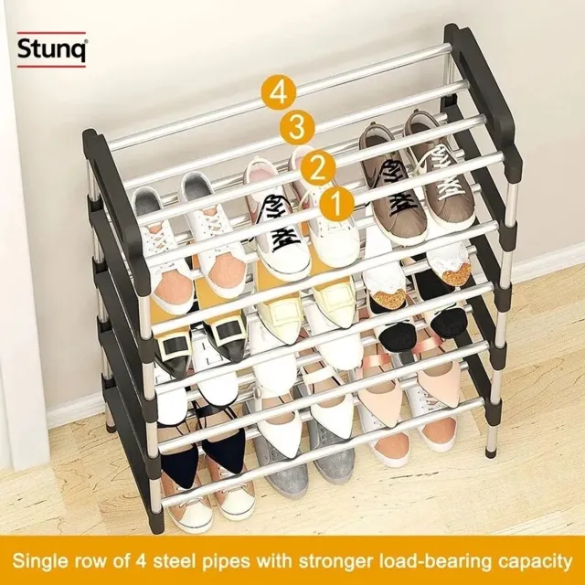 Stunq 6-laags schoenenrek – vrijstaand, zilveren stalen buizen, zwart frame, ruimtebesparend