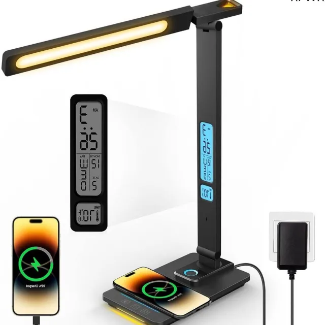 RFWR Dimbare LED Bureaulamp met Draadloze Oplader en USB-oplaadpoort voor Kantoor en Slaapkamer Black
