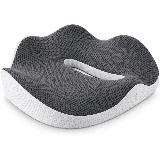Flokoo Ergonomisch Zitkussen met Traagschuim – Stoelkussen met Uitsparing – Voor Bureaustoel, Auto & Eetkamerstoel – 44 x 38 x 10 cm – Grijs/Wit