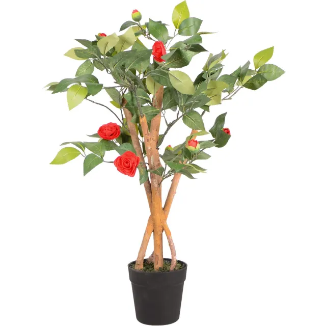 UNUS Kunstplant Camellia met echte houten stam 80 cm rode bloemen, kamerplant met natuurlijke houten stam Groen