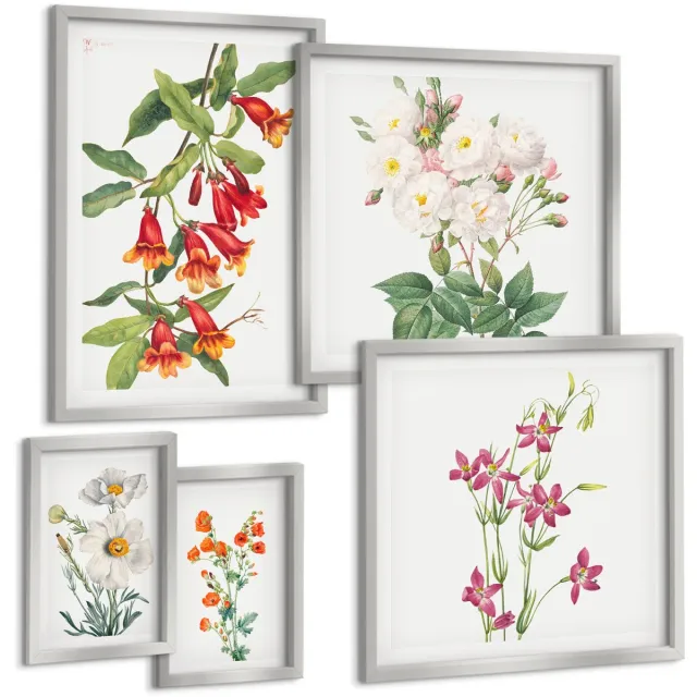 Coloray 5-Delige Schilderij Set - Bloemstukken Uit Verschillende Steden In Retrostijl - 20 x 30 cm - Decoratieve Muurdecoratie - Slaapkamer Zilveren lijst