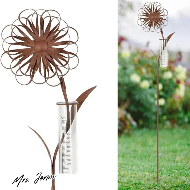Mrs. Jones Regenmeter voor tuin vorstbestendig - staaf decoratief neerslagmes - hoogte 110 cm - regenwatermeter glas op tuinsteker - bloemenversiering metaal patina - decoratie voor balkon terras .