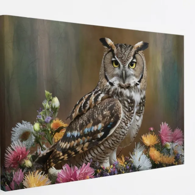 Saammp Canvas Schilderij - Uil tussen kleurrijke bloemen - Dieren - 70x50 - Foto op canvas - Wanddecoratie - muurdecoratie Woonkamer - Slaapkamer decoratie - Canvas Print Multicolor