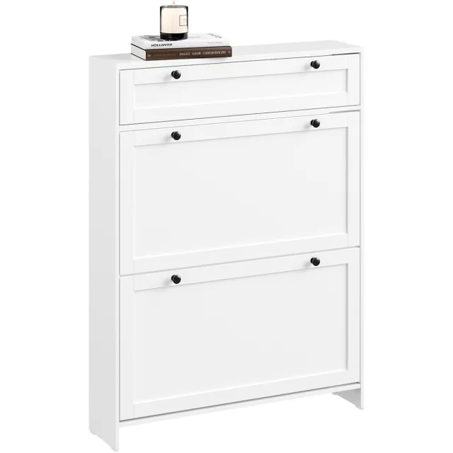 SoBuy Witte schoenenkast, schoenenrek voor ingang, lade en 2 vleugeldeuren, compact design, eenvoudige installatie, MDF, multifunctionele opbergkast, 80 x 19 x 107 cm, FSR207-W