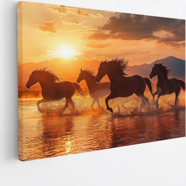 Saammp Canvas Schilderij - Rennende Groep Paarden - Dieren - Natuur - 50x40 - Foto op canvas - Wanddecoratie - muurdecoratie Woonkamer - Slaapkamer decoratie - Canvas Print Multicolor