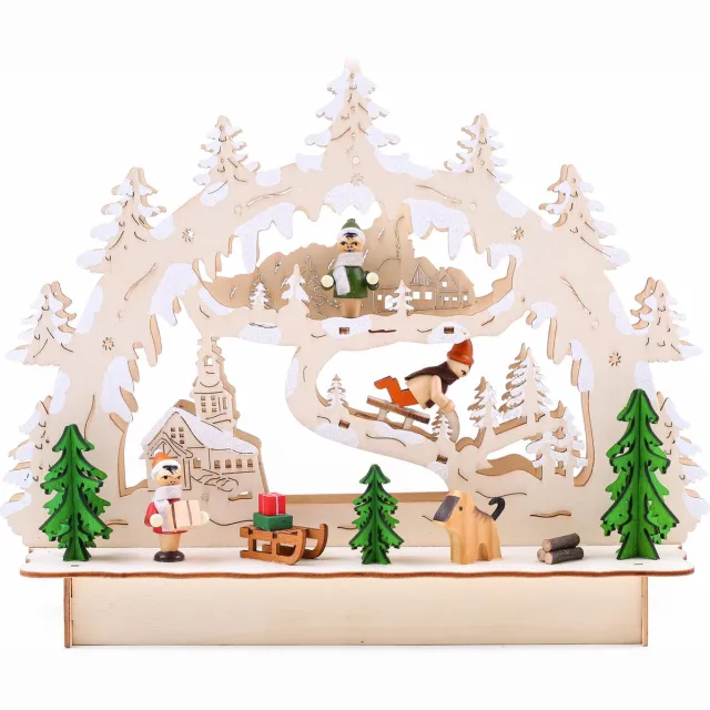 Brubaker 3D LED lichtboog lichtboog - winterlandschap met kerk - LED-verlichting - hout natuur - 27 x 24 x 8,7 cm - handbeschilderd Houtkleuren