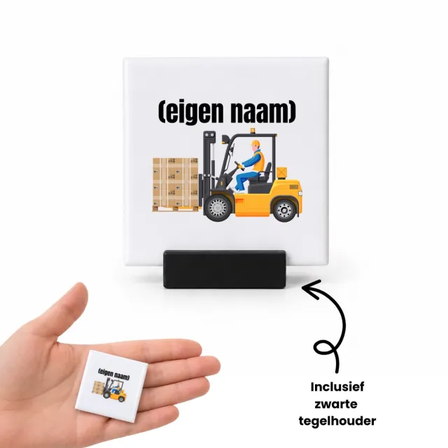 Hacebo heftruck met pallet met eigen naam tegeltje met tegelhouder - Heftruck - mensen die werken in de magazijn - tegeltjes met tekst - collega's - verjaardag - afscheidscadeau - geschenk - kado - spreuktegels - 4.8x4.8 CM Wit