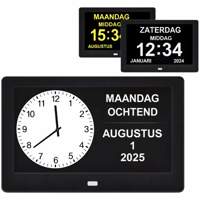 Pitt & Co. Dementieklok Analoog en Digitaal – Kalenderklok met datum en dag – met Medicijnalarm - Alzheimer klok – seniorenklok voor ouderen – 10 Inch - Zwart