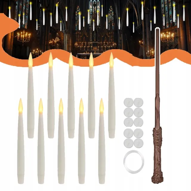 CHOOLY 10 Zwevende LED Kaarsen met Toverstaf - Flikkerende Vlamloze Kaarsen met Afstandsbediening Timerfunctie - Magische Halloween Versiering Kerstdecoratie voor Binnen - Inclusief 50m Vislijn Haken Wit