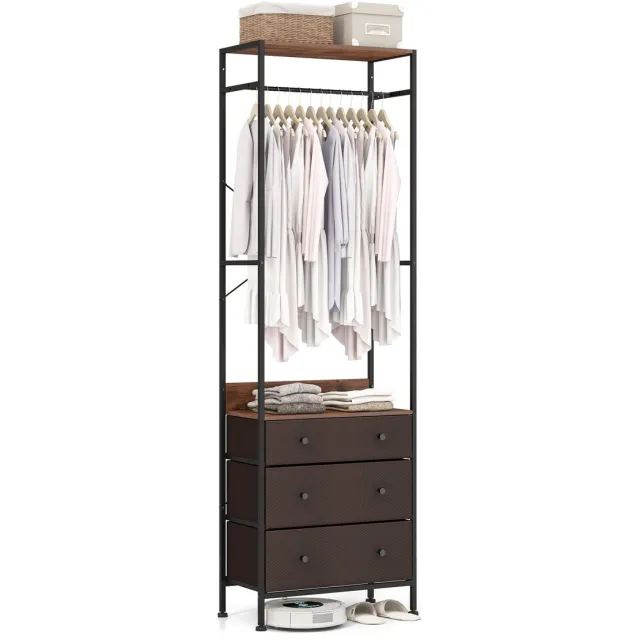 Costway Kapstok met 3 laden, garderobe met ophangstang en opbergvakken, kledingstandaard vrijstaand van metaal, ganggarderobe industrieel voor hal en slaapkamer, 55 x 28 x 176 cm Rustiek bruin