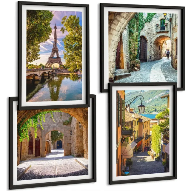 Coloray 4-Delige Schilderij Set - Prachtige Straten, Historische Architectuur, Eiffeltoren - 40 x 40 cm En 40 x 60 cm - Stijlvolle Muurdecoratie - Slaapkamer Zwarte lijst
