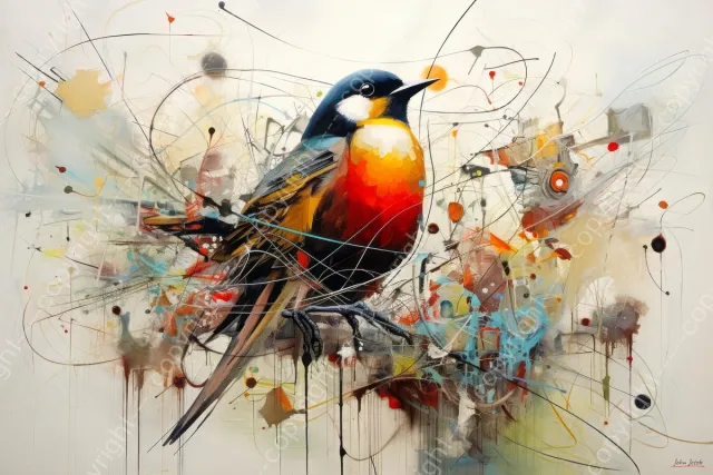 John Joseb Art (Canvas) 90x60 | Vogel op tak in abstracte stijl, kleurrijk, felle kleuren, kunst | dier, rood, grijs, bruin, blauw, modern | Foto-Schilderij canvas print (wanddecoratie) Canvas, dikte 2 cm