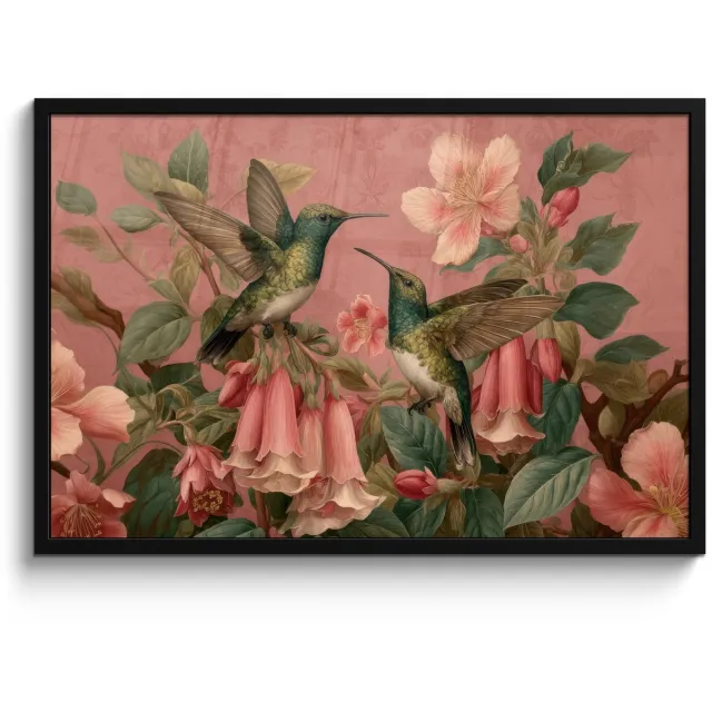 FrameYourWall Poster in lijst - Fotolijst 90x60 cm - Posters - Kolibries - Bloemen - Groen - Roze - Posterlijst zwart - Decoratie - Wanddecoratie woonkamer - Muurdecoratie slaapkamer