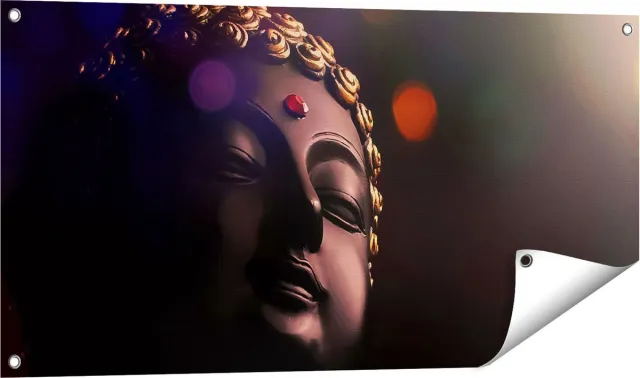 Gards Tuinposter Boeddha Beeld met Gouden Sierraden - 100x50 cm - Tuindoek - Tuindecoratie - Wanddecoratie buiten - Tuinschilderij Multikleur