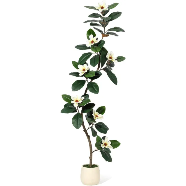 ITRONIQ Kunst Magnoliaboom 183 cm - Kunstplant Met Witte Bloemen en 54 Bladeren - Inclusief Sierpot - Levensecht - Groen
