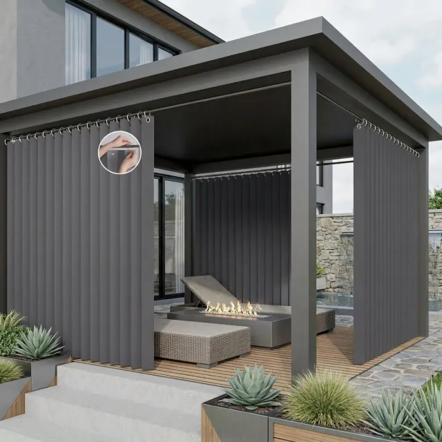 Qelus Extra Breed Buitengordijn Waterdicht 254cm - Lasergesneden Anti-Haak Outdoor Gordijn met Permanente Plooi - Weerbestendige Room Divider voor Tuinhuisje & Gazebo - Donkergrijs - 254x244cm - 1 paneel Donkergrijs - 1 Stuk