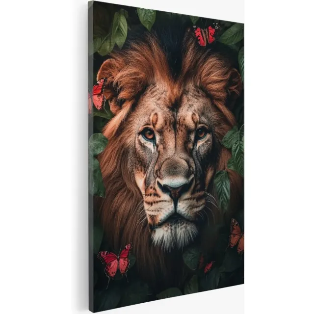 Saammp Canvas Schilderij - Leeuw tussen de rode vlinders - Dieren - Abstract - 40x60 - Foto op canvas - Wanddecoratie - Muurdecoratie Woonkamer - Slaapkamer decoratie - Canvas Print Multicolor