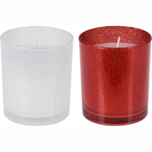 H&S Decoration Kaars- glas - glitterglas - kaarsen set - kerst - kerstverlichting - kerstcadeau - per 4 stuks Wit / rood