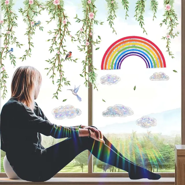 Cosensi Raamstickers Vogels en Hangende Wijnstokken - Dubbelzijdige Raam Kleefstickers - Glasstickers Bloemen - Zelfklevende Statische Raamstickers - Anti-botsing Vogelbescherming - Prachtige Decoratie Opties Multi colour