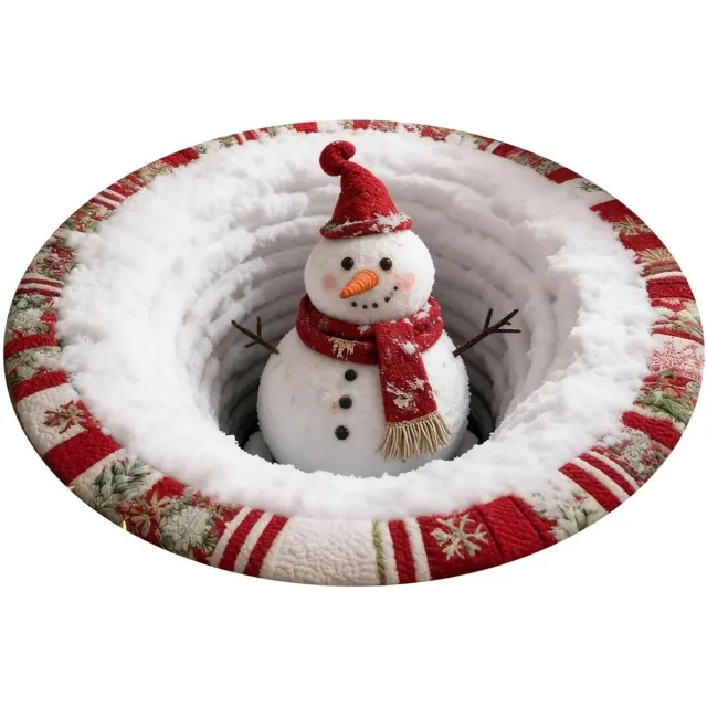 ZVD 3D kersttapijt — sneeuwman van kerstmis optische illusie tapijt — rond werveltapijt — decoratief kersttapijt met dieptemotief — kerstman gewatteerde antislip mat — geschikt voor feestelijke entree woonkamer slaapkamer — 60×60CM wit
