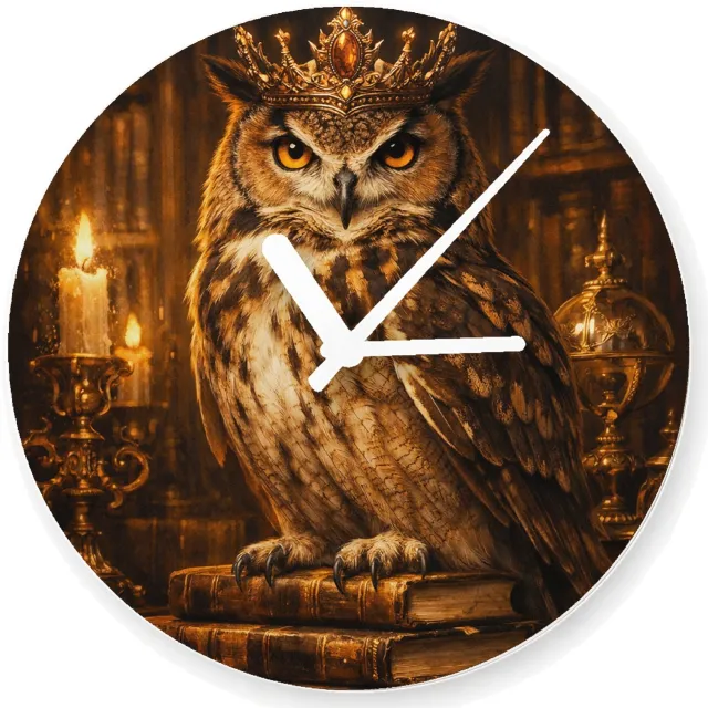 Mr Cadeautjes Glazen klok Ø 20 - design Een chique uil in een bibliotheek vol gouden licht en oude b | cadeau Wit