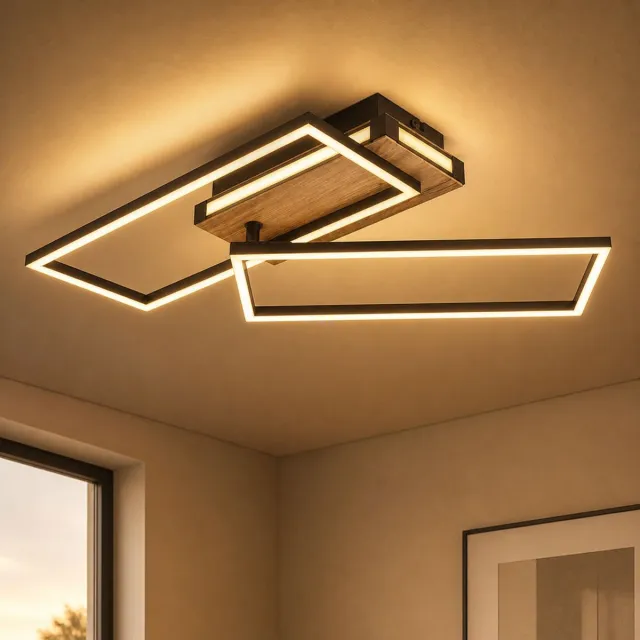 Globo Lighting LED plafondlamp 3-niveau plafondlamp hout zwart woonkamerverlichting verplaatsbaar, aluminium metaal, 34W 1700Lm warm wit, LxBxH 60x49x10 cm