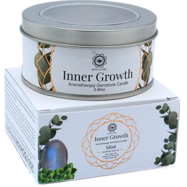 Green Tree Edelsteen - Geurkaars - Gemstone Candle - Inner Growth - Maansteen - Mint - 70g blauw wit