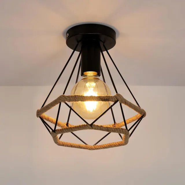 Riserva Industriële Plafondlamp - E27 Fitting - Zwart met Touw - Vintage Plafondlamp - Max. 60W - voor Woonkamer, Hal en Keuken